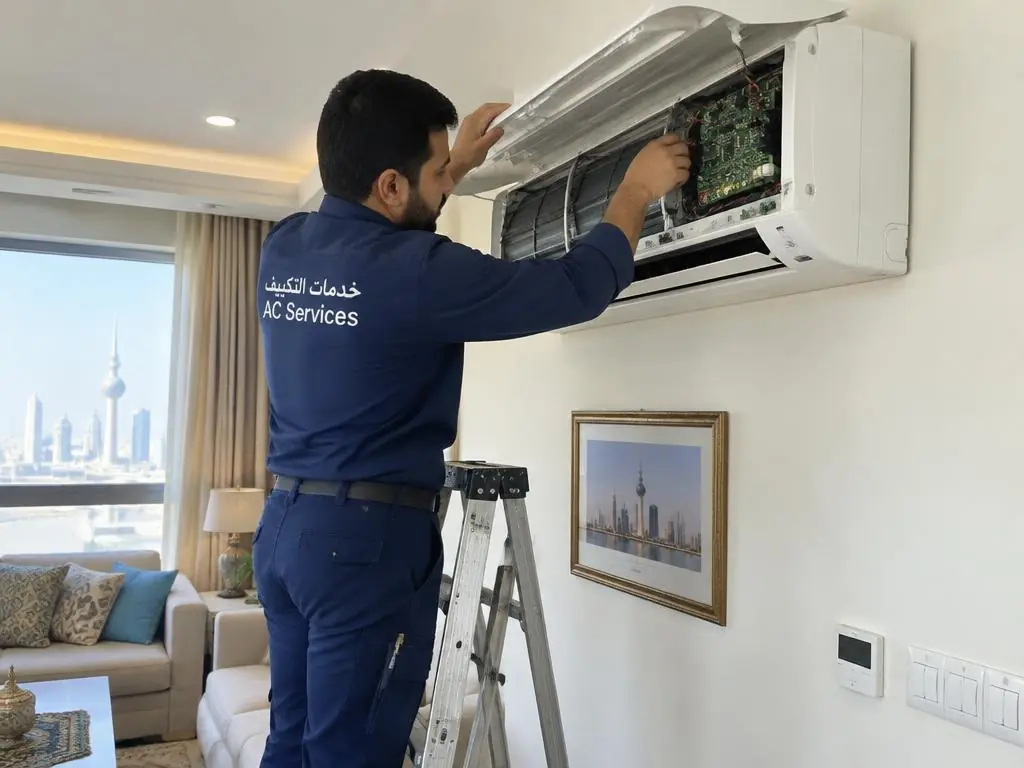 فني يفحص لوحة مكيف سبليت داخل شقة في الكويت