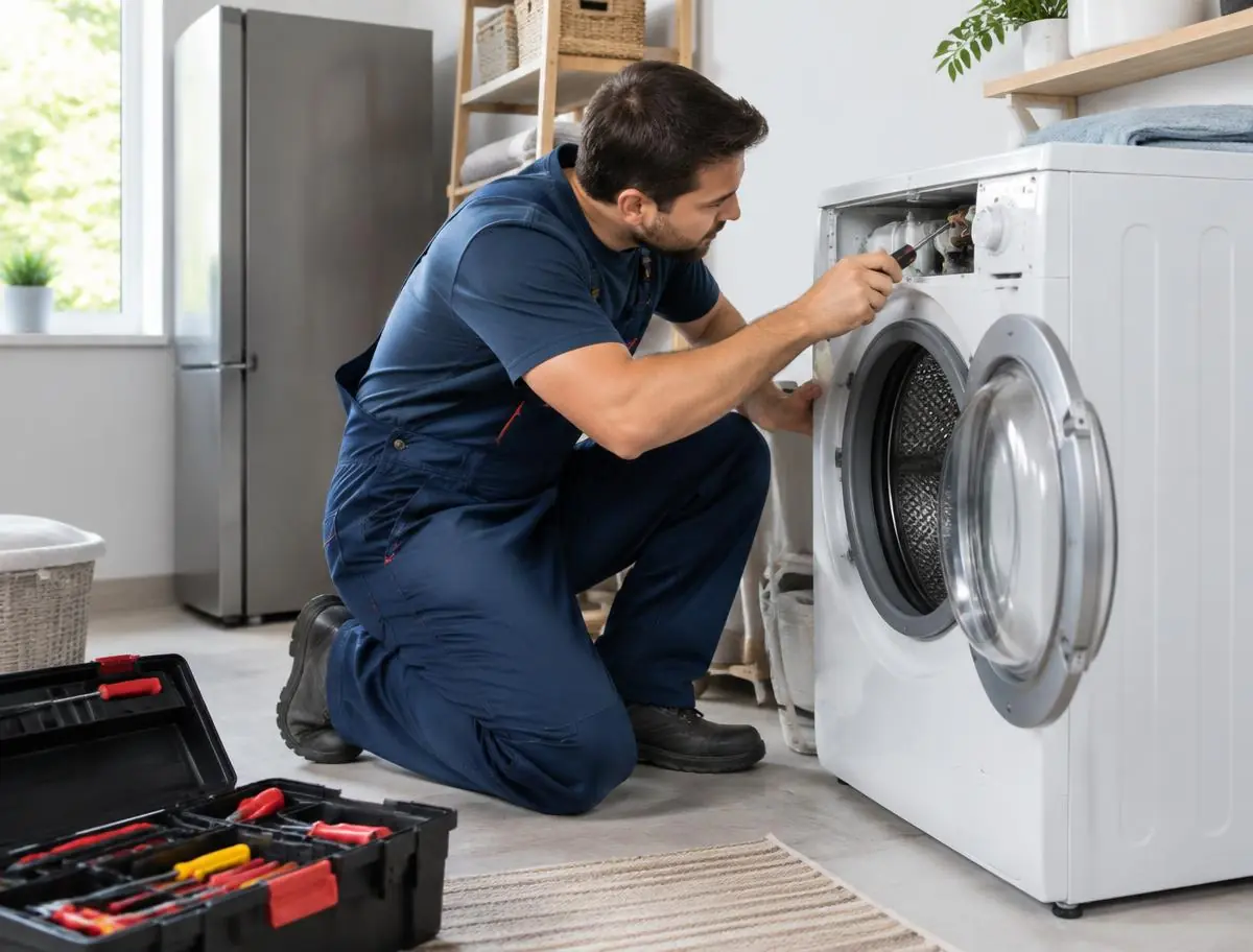 Home appliance technician repairing an automatic washing machine in a Kuwait home